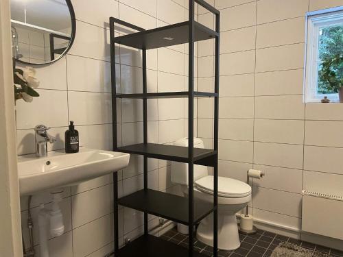 a bathroom with a black shelf over a toilet at Holiday home JÄRNA II in Järna