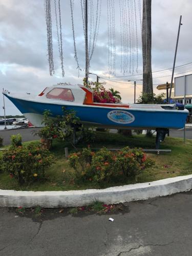 a blue and white boat on display in a field of flowers at Bas de villa ensoleillé ventilé in Morne-à-lʼEau
