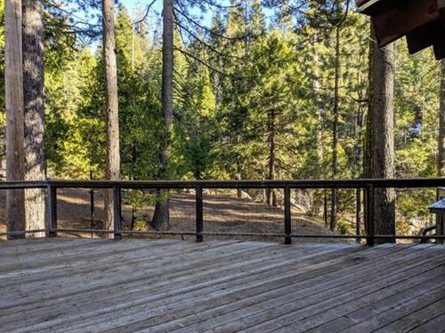 a wooden deck with a black railing in the woods at Cabin #10 in Strawberry