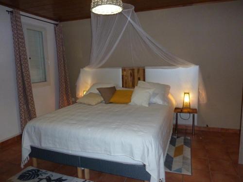 a bedroom with a white bed with a canopy at Domaine de La Louise in Saint-Joseph