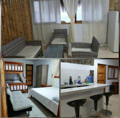 a collage of four pictures of a bedroom at Bungalows Bella Vista in Zorritos