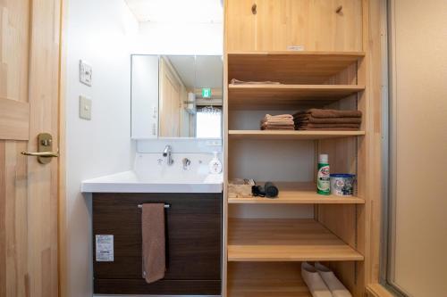 a bathroom with a sink and a mirror at Okhotsk Ocean Villa AL MARE mombetsu in Mombetsu