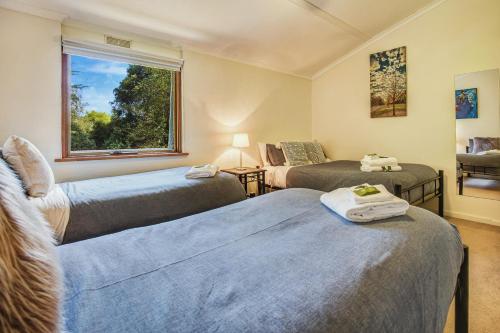 two beds in a room with a window at Cedar Cottage Unit 5 in Bright