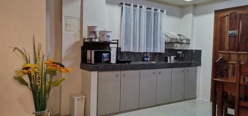 a kitchen with a sink and a counter with a microwave at CHATEAU DE CHLOE - 3 Bedroom Entire Apartment for Large Group in Tacloban