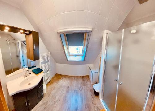 a bathroom with a sink and a shower in it at Lemon Premium Apartment in Szeged