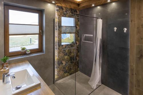 La salle de bains est pourvue d'une douche et d'un lavabo. dans l'établissement Dychnijzese, à Czarna Góra