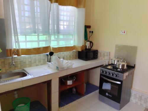 a small kitchen with a sink and a stove at Wooden Knee Cottages Nanyuki in Nanyuki