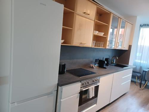 a kitchen with white cabinets and a stove top oven at CITYLIFE Apartments Economy Osnabrück in Osnabrück