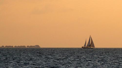 a sail boat in the ocean under an orange sky at Brickwood Rasdhoo- Beach front in Rasdu