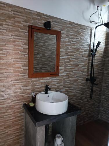 ein Badezimmer mit einem weißen Waschbecken und einer Ziegelwand in der Unterkunft Apartmán Sudu Nangy in Beruwala