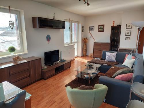 a living room with a blue couch and a tv at Apartman Tatry in Tatranská Lomnica
