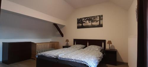 a bedroom with a bed and two night stands and two lamps at großes Apartment mit Garten - 4 km bis zum Strand in Senftenberg