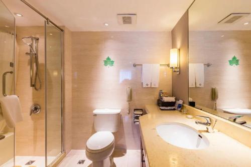 a bathroom with a toilet and a sink and a shower at Shu Guang International Hotel in Nanjing