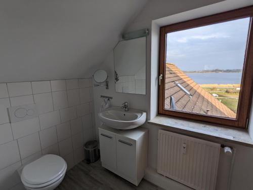 a bathroom with a toilet and a sink and a window at Ferienwohnung Marina in Lindaunis