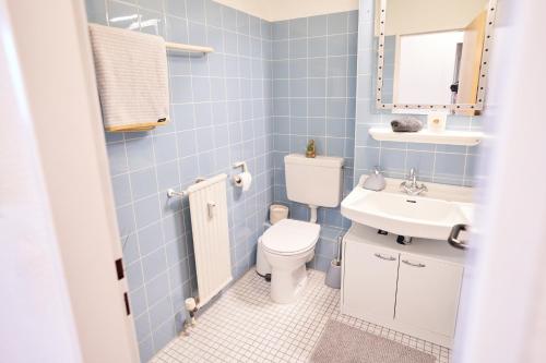 een blauwe badkamer met een toilet en een wastafel bij Gemütliches und helles Studio Apartment mit Balkon, Badewanne, WLAN, Parkplatz in Bremen