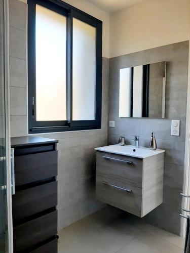 une salle de bain avec un lavabo et un miroir dans l'établissement N5 Maison T2 climatisé, à Ajaccio
