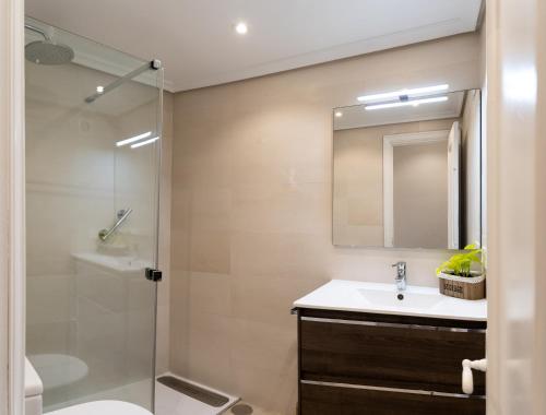 ein Bad mit einer Dusche, einem Waschbecken und einem Spiegel in der Unterkunft MENDILAUTA in Zarautz