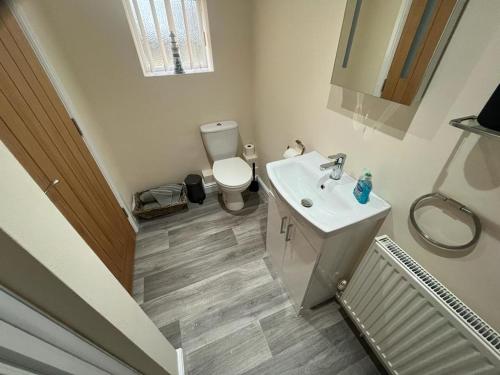 ein Badezimmer mit einem weißen Waschbecken und einem WC in der Unterkunft The Nest in Keynsham