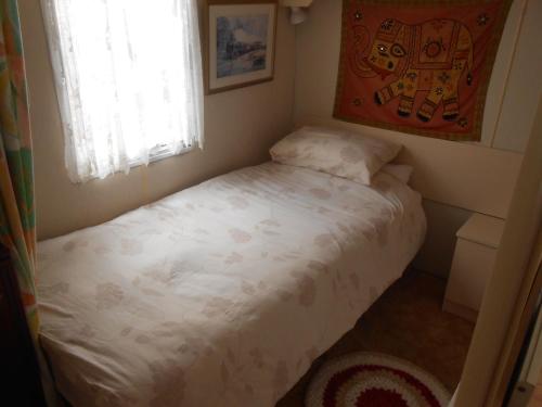 uma pequena cama num pequeno quarto com uma janela em 'The Cabin'. A cosy private & secure holiday home. em Padeswood