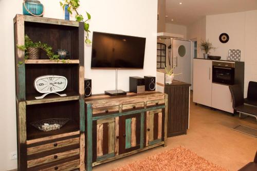 una sala de estar con un centro de entretenimiento con TV de pantalla plana en Ferienwohnung Teldec, en Nortorf