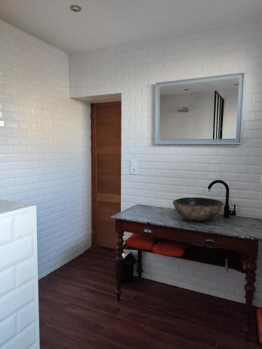 La salle de bains est pourvue d'un comptoir avec un lavabo et un miroir. dans l'établissement Suite privée, à Montélimar
