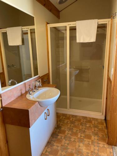 y baño con lavabo y ducha. en Warby Cottage en Wangaratta