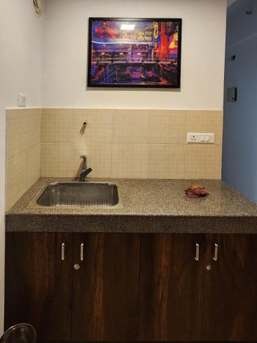a kitchen counter with a sink and a picture on the wall at The Nest Lucknow in Lucknow