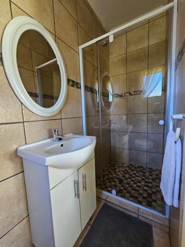 a bathroom with a sink and a shower with a mirror at Aloetree Cloves room in Krugersdorp