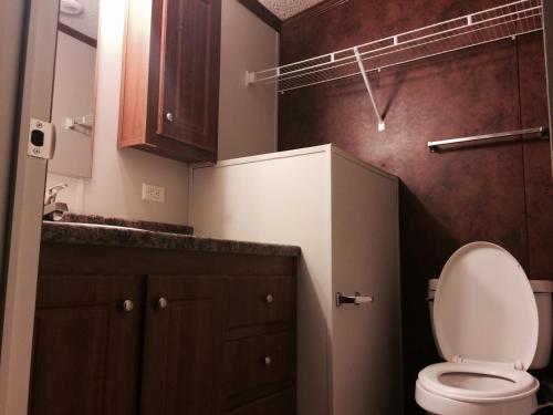 a bathroom with a toilet and a sink at Oasis Lodge in Big Lake