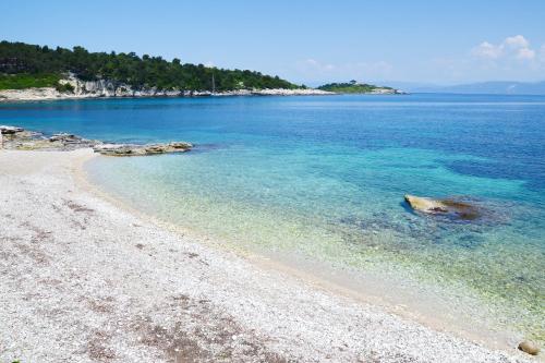 a beach with clear blue water and an island at Vive Mar Paxos in Gaios