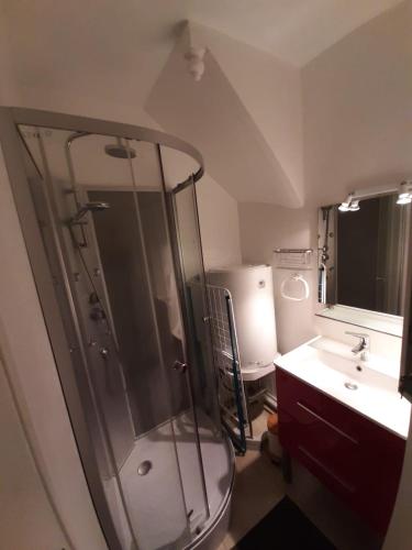 une salle de bain avec une douche, un lavabo et des toilettes dans l'établissement La Maison d'Eugénie avec sa vue sur les falaises, à Saint-Georges-de-Didonne