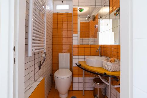 ein Badezimmer mit einem WC, einem Waschbecken und einem Spiegel in der Unterkunft Family House in Nea Makri in Nea Makri