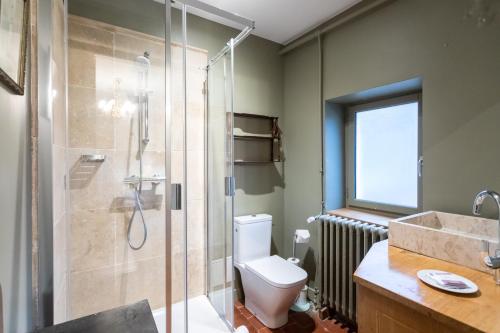 a bathroom with a shower and a toilet and a sink at L' Hotel de Panette, entrée Renaissance Cathédrale in Bourges