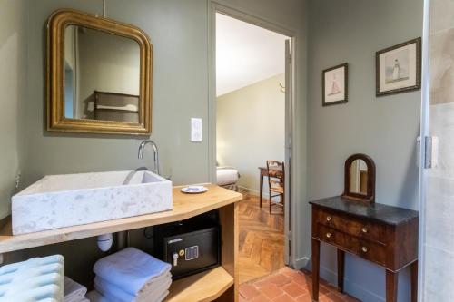 een badkamer met een wastafel en een spiegel bij La Demeure Renaissance - Les Univers de Panette in Bourges