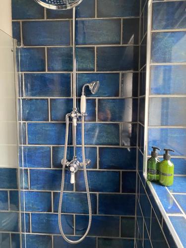 a blue tiled shower with a shower head in a bathroom at Relaxing Cottage Escape - Pub - Fire - King Size Bed in Newton Aycliffe