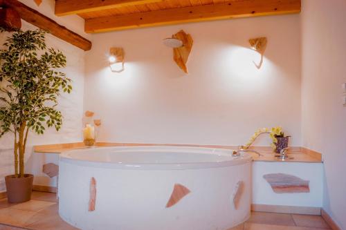 a bath tub in a bathroom with a plant and lights at Besondere Ferienwohnung Spirit auf idyllischem Reiterhof nahe Burg Eltz in Münstermaifeld