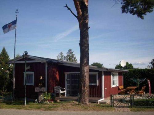a red house with a tree in front of it at Schwedenhaus in Mönkebude