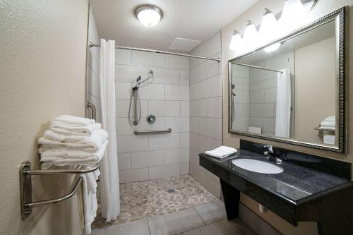 a bathroom with a sink and a shower with a mirror at Econo Lodge Inn & Suites Corpus Christi in Corpus Christi