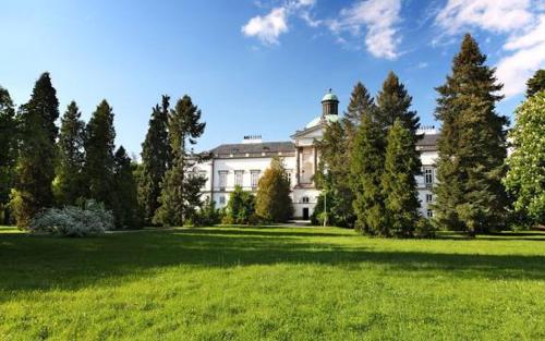 a large white house with a large yard with trees at Terezia in Jedľové Kostoľany