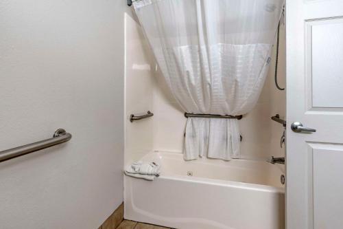 a bathroom with a tub and a shower curtain at Comfort Inn & Suites in Shelbyville