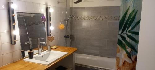 uma casa de banho com um lavatório e um chuveiro em Maison jardin grande piscine , sortie bateau possible em Marselha