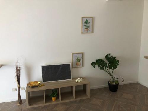 a living room with a television on a table at Apartamento Mar Azul in Vila Nova de Cerveira