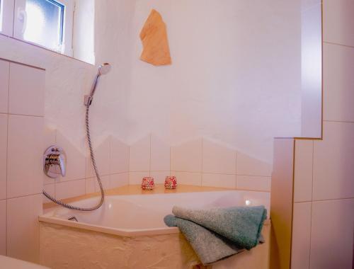 a bathroom with a bath tub with a shower at Traumwohnung Jolly Jumper auf idyllischem Reiterhof nähe Burg Eltz in Münstermaifeld