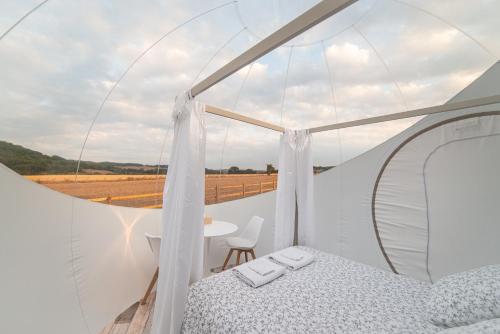 a bedroom with a bed and a view of a field at Bulle à la Belle étoile in Clécy