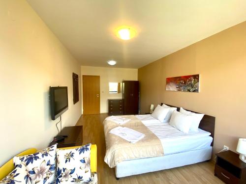um quarto de hotel com uma cama e uma televisão em Aspen Suites Apartments em Bansko