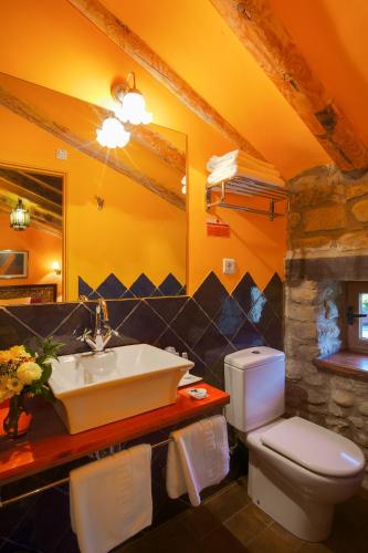 a bathroom with a sink and a toilet and a mirror at El Corral De Concilio in Concilio