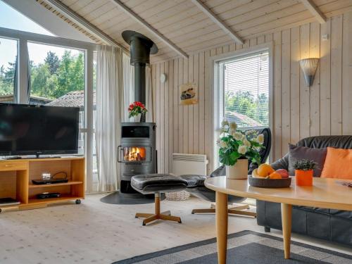 ein Wohnzimmer mit einem Kamin und einem Herd in der Unterkunft Holiday Home Sophi - all inclusive - 425m from the sea by Interhome in Fårevejle