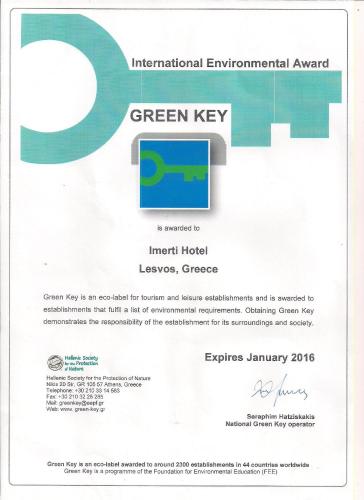 Certifikát, hodnocení, plakát nebo jiný dokument vystavený v ubytování Imerti Resort Hotel