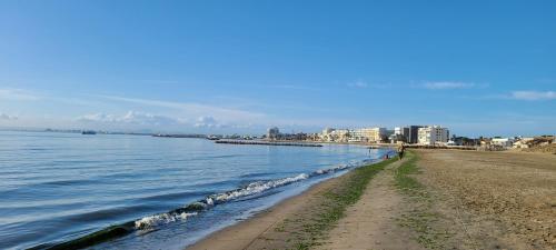 a sandy beach with buildings and the water at Hôtel l'Etoile in Le Grau-du-Roi