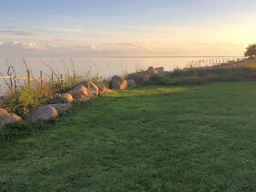 a grassy field with rocks next to a body of water at Holiday Home Sissela - 5m from the sea by Interhome in Ebberup